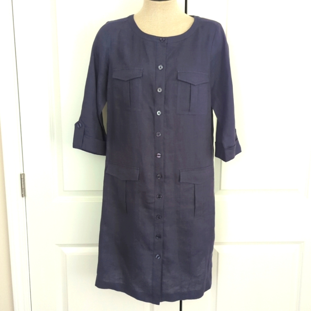 Go Silk Navy Blue Shirt Dress 100% Linen Button Down Pockets Minimalist-51